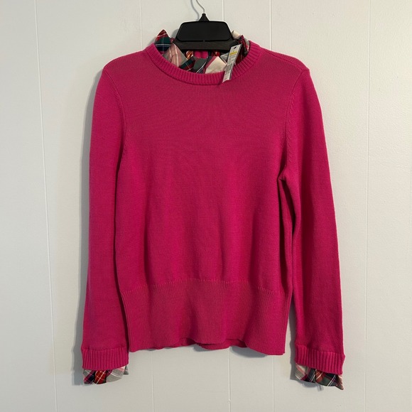Crown & Ivy Women's Pink Sweater Plaid Collar & Cuffs‎ Layered Look Size L - Picture 2 of 8